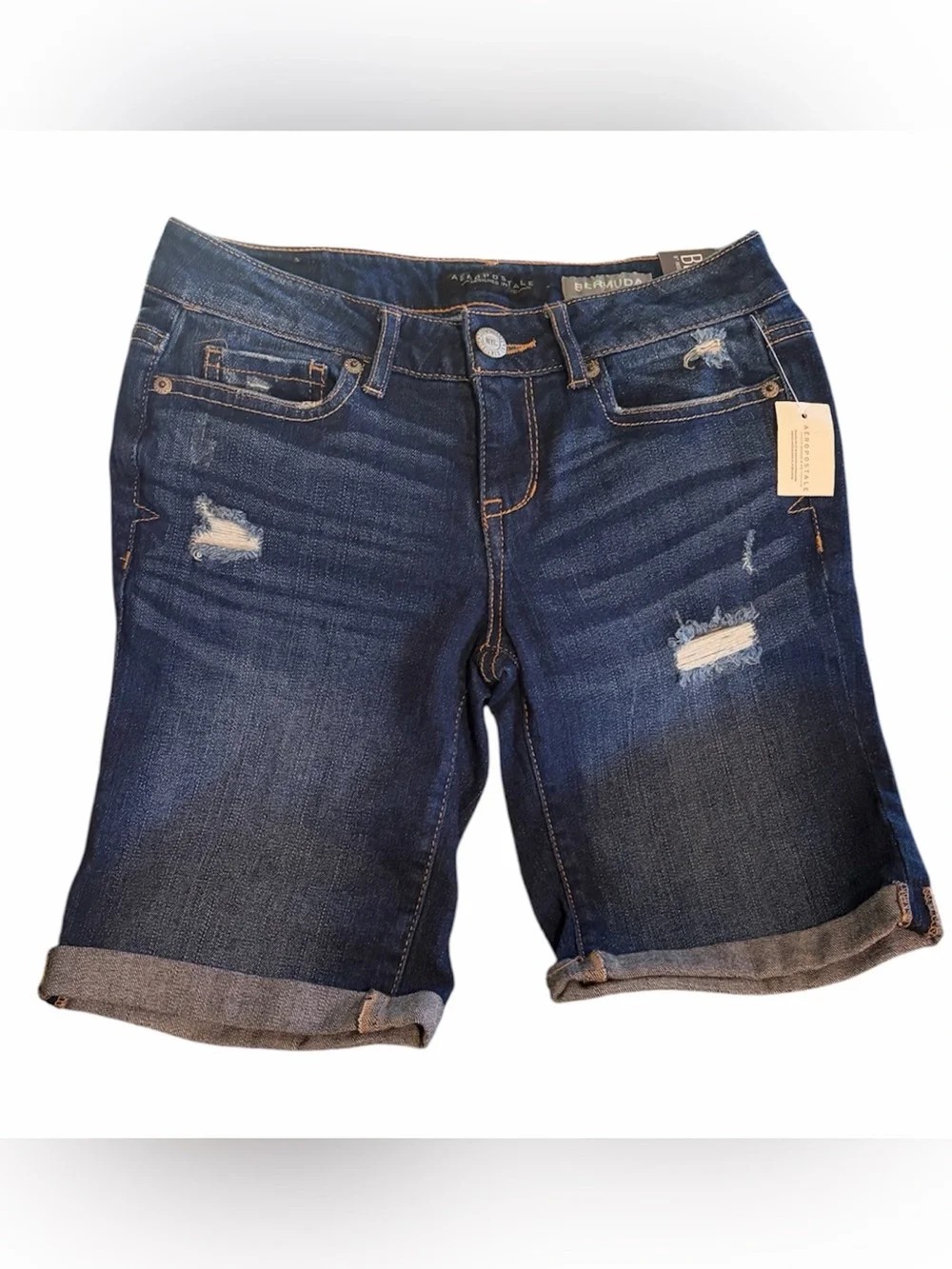 Aeropostale Women's Mid-rise Dark Blue Denim Distressed Bermuda Size 00